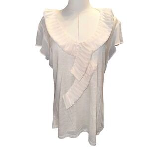 Madison Atlas Ivory Ruffle Neck Flutter Sleeve Top Womens Large NEW